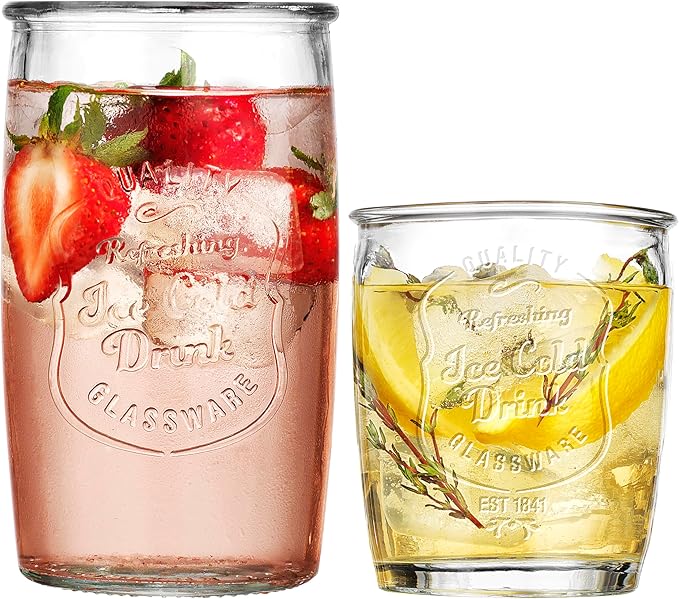 Glaver's Ice Cold Set of 8 Drinking Glasses 4-20 Oz Highball Glasses, and 4-13 Oz Whiskey Glass Cups For Everyday Home Use Water glasses, Beer, Juice, Cocktail.