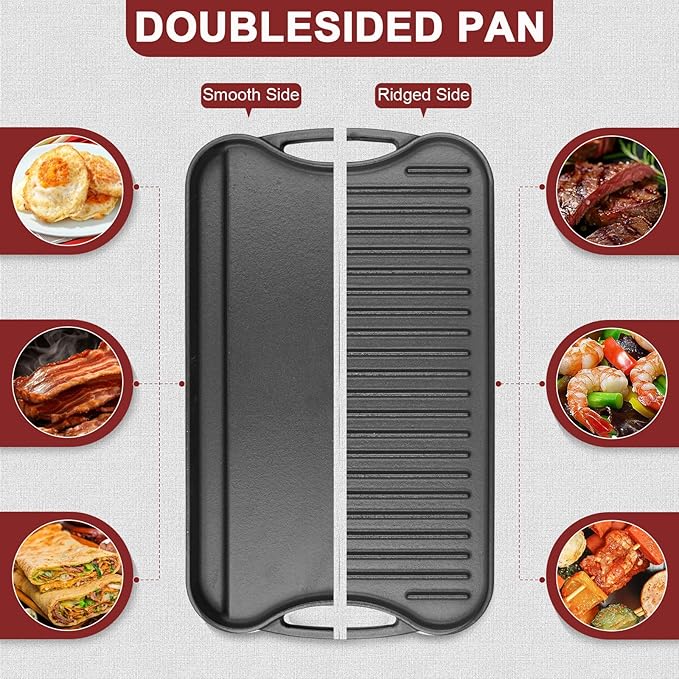 Cast Iron Reversible Grill/Griddle Pan - 17"x10" Pre-Seasoned Rectangular Double Sided Griddle Plate for Gas Stove, Oven, Camping, Indoor & Outdoor Cooking - Non-Stick, Durable & Versatile