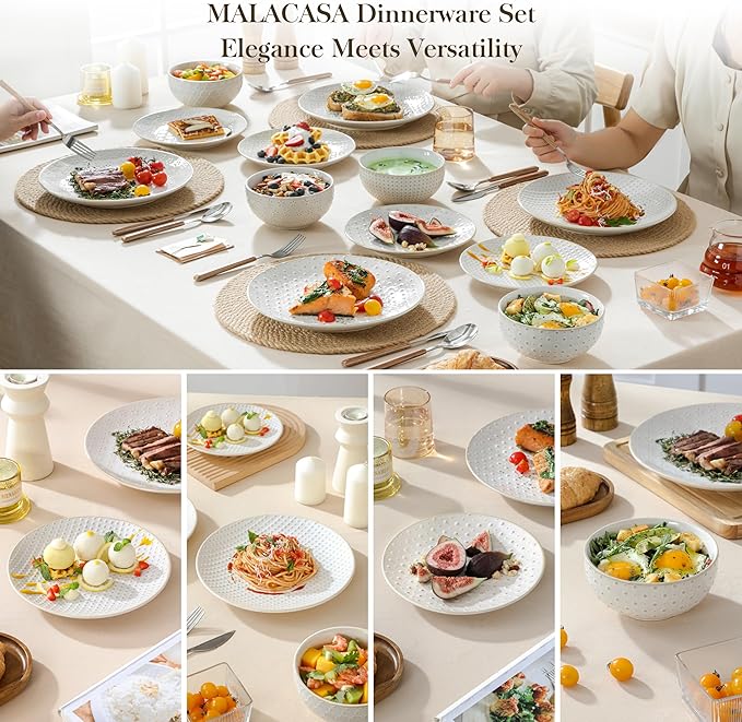 MALACASA 12 Pieces Dinnerware Sets, Modern Relief Design Plates and Bowls Sets, White Dish Set for 4, Kitchen Ceramic Dinner Plates Dishware Set, Microwave and Dishwasher Safe, Series LYDIA