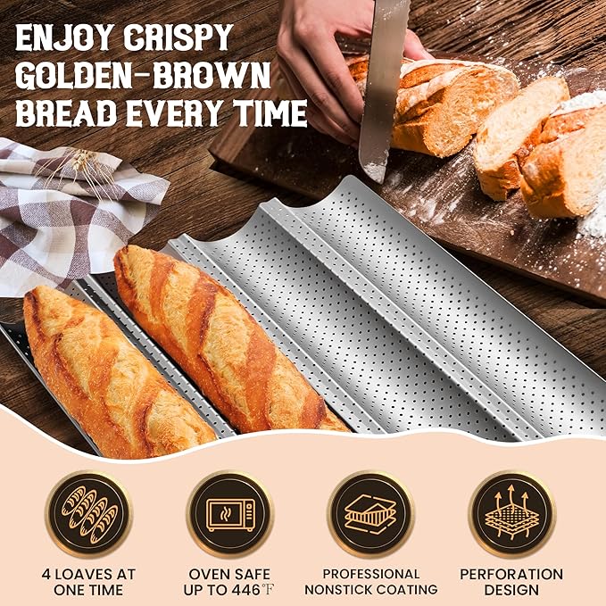 Pavsrmy Baguette Bread Pan, Premium Nonstick Perforated Baguette Pan for French Bread Baking, 4 Loaves Baguette Baking Tray for Sourdough, Italian Bread, Perfect for Creating Crisp Golden-Brown Crust