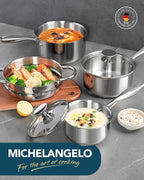 MICHELANGELO Saucepans with Lids & Steamer 7Pcs, Stainless Steel Pot Set with Triply Bottom, 3 Quart Saucepan with Steamer, 18/10 Saucepan Set Induction Compatible - 1QT & 2QT & 3QT