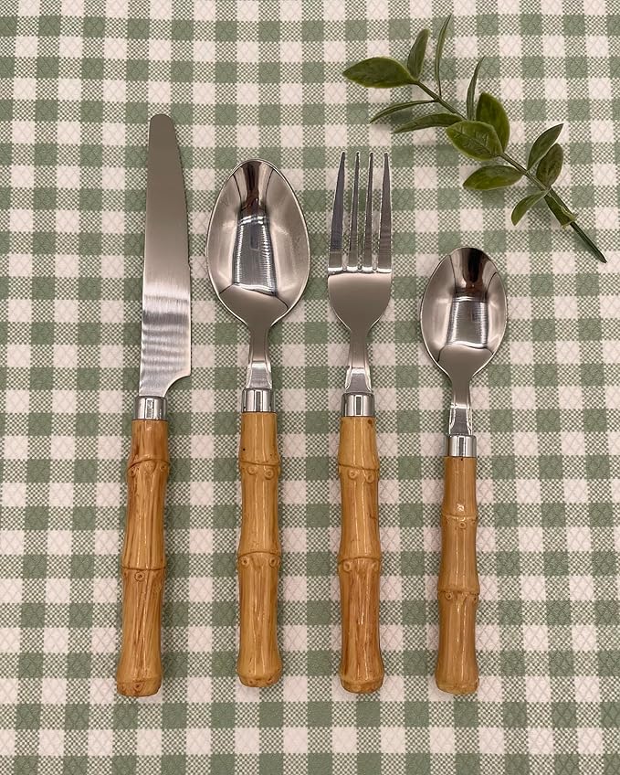The Original Brink House Beyond Bamboo Stainless Steel Cutlery Set with Naturalistic Bamboo Handles / 16 pieces with Metal Stand, Lifestyle utensils set for home, first apartment, dorm, outdoor events