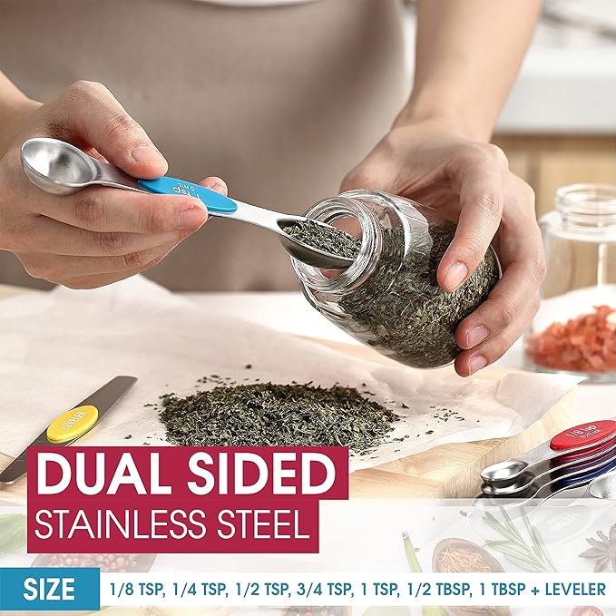 Spring Chef Multicolor Stainless Steel Magnetic Measuring Spoons Set of 8 with Leveler, Nesting Metal Teaspoon & Tablespoon Measuring Spoons, Kitchen Gadgets for Baking & Cooking - 2 Pack