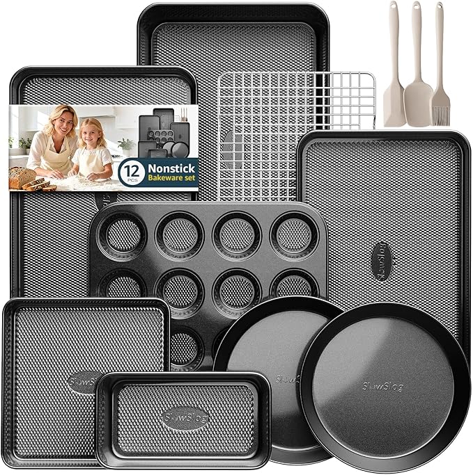 12-Piece Nonstick Bakeware Set, Stackable Non Toxic Baking Pans Set with Rack & Kitchen Utensils, Cookie Sheets Set, Cake Pan, Muffin Pan, Loaf Pan, Roasting Pan, Black