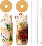 ANOTION Christmas Cups, 18oz Christmas Coffee Mugs Glass Cups with Lid and Straw Colorful Xmas Tree Tumbler Drinking Glasses Glassware Drinkware Cookie Jar Home Decoration Gifts for Women Kids Men