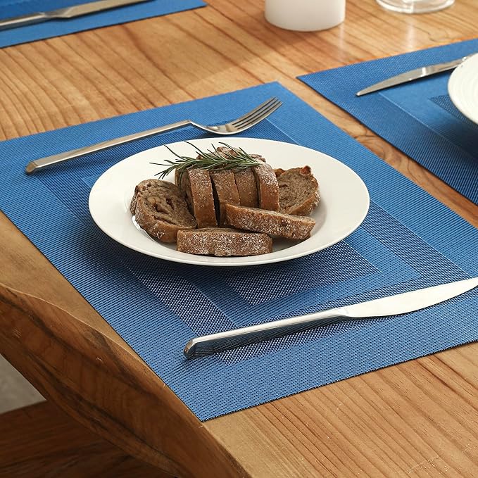 Leetaltree Blue Frame Placemats Set of 8 - Heat Resistant Non-Slip Place mats for Dining Table, Washable Durable PVC Vinyl Woven Table Mats（Blue Frame, 8）