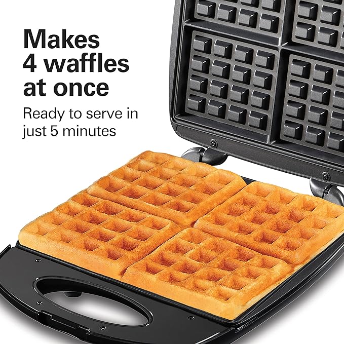 Hamilton Beach Non-Stick Belgian Waffle Maker with Indicator Lights, Makes 4 4" x 5" Mini Waffles, Hashbrowns or Keto Chaffles at Once, Compact Design for Easy Storage, Black & Stainless Steel (26020)
