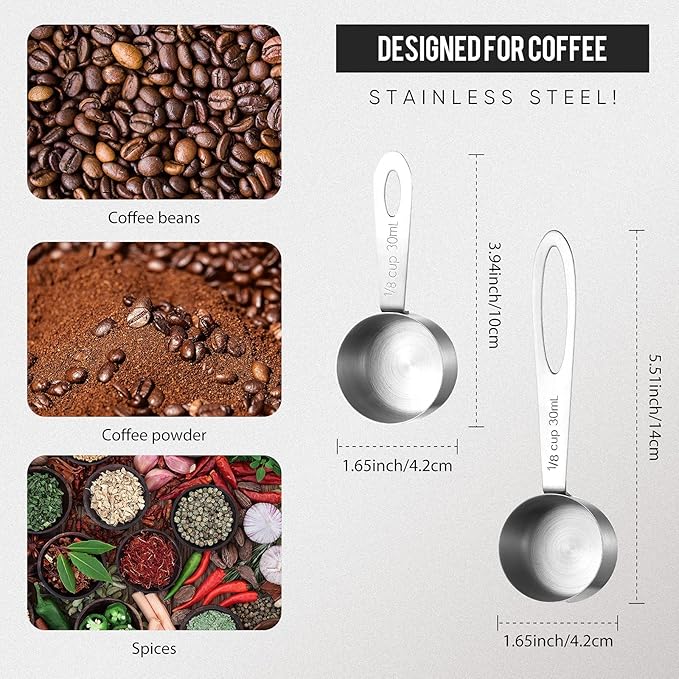 Geiserailie 4 Pcs Coffee Scoop 2 Tablespoon Stainless Steel Coffee Measuring Scoops, Including 2 Short Handled 2 Long Handle for Tea, Sugar and Milk, 30 Ml,1/8 Cup