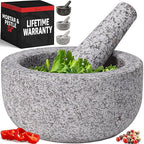 Priority Chef Heavy Duty Large Mortar and Pestle Set, Hand Carved from Natural Granite, Make Fresh Guacamole, Pesto, Stone Grinder Bowl, Herb Crusher, Spice Grinder, 6.3 Inches Wide, 2 Cup - Grey
