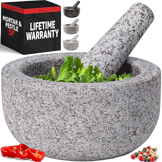 Priority Chef Heavy Duty Large Mortar and Pestle Set, Hand Carved from Natural Granite, Make Fresh Guacamole, Pesto, Stone Grinder Bowl, Herb Crusher, Spice Grinder, 6.3 Inches Wide, 2 Cup - Grey