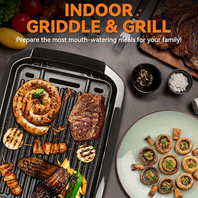 Baker’s Friend Indoor Griddle & Grill, Electric Griddle with 2 in 1 Indoor Grill and Griddle Plate Indoor Grill with Removable Plate, Silicone Mold, Dishwasher Safe, Recipes Include, Graphite