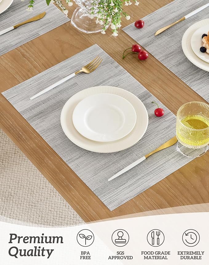 Leetaltree Lightsteel Black Placemats Set of 4 - Heat Resistant Non-Slip Place mats for Dining Table, Washable Durable PVC Vinyl Woven Table Mats (Lightsteel Black, 4)