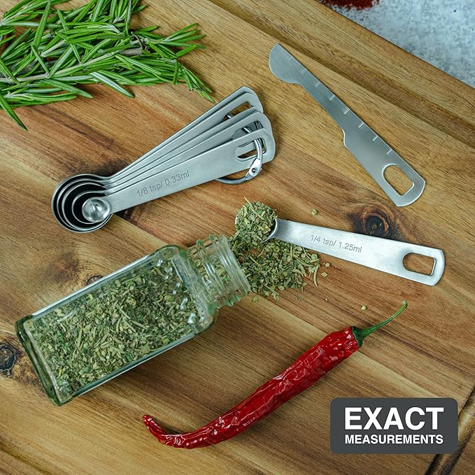 BALCI - 6 Measuring Spoons, Heavy Duty 18/8 Premium Stainless Steel Measuring Spoons Set, Spoons with US and Metric Measurements, Set of 6 + Leveler, Measuring tools for Dry and Liquid Ingredients