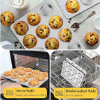 Homikit 2 Pack Muffin Pan, Stainless Steel Cupcake Tin with 12 Cups Regular Size, 13.8" x 10.4" Nonstick Metal Egg Bites Tray for Oven Baking, Non Toxic & Rust Free, Easy Release & Dishwasher Safe