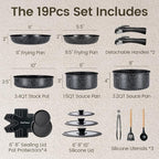 Chef Power Ceramic Nonstick Cookware Set 19 Piece with Detachable Handle, Induction Dishwasher Oven Safe Pans and Pots Set, RV Kitchen Set Removable Handle, Rock Stone Black
