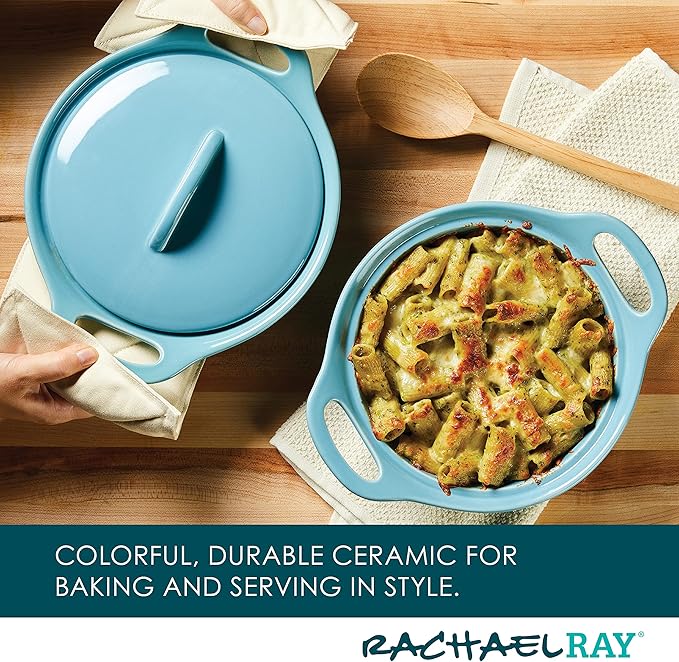 Rachael Ray Solid Glaze Ceramics Casserole Bakeware/Baker Set with Shared Lid, 3 Piece, Agave Blue