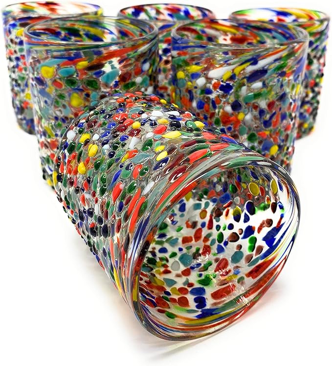 Hand Blown Mexican Drinking Glasses – Set of 6 Confetti Rock Tumbler Glasses (10 oz each)