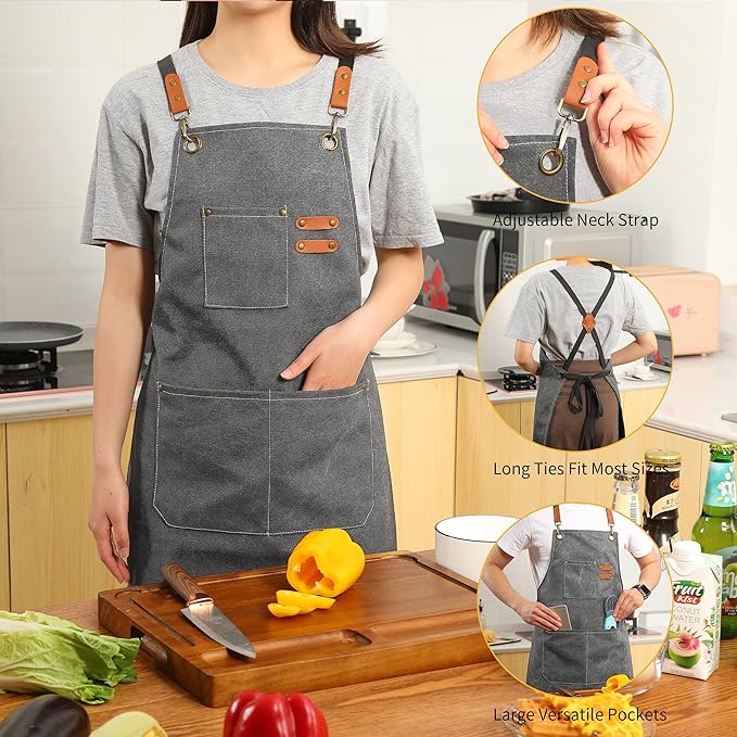 Tosewever Canvas Cross Back Chef Cotton Aprons for Men Women with Large Pockets