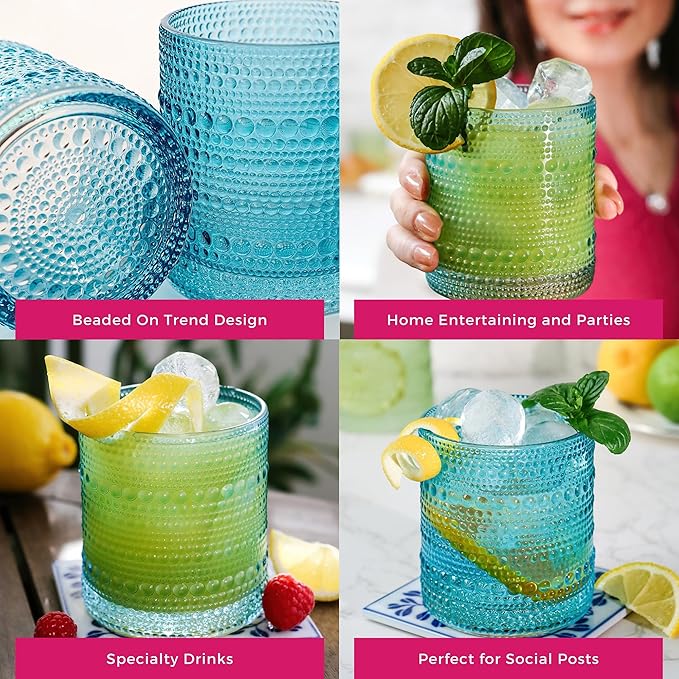 Kate Aspen Hobnail Beaded Drinking Glasses Vintage Glassware Set | Cocktail Glass Set, Juice Glass, Water Cups | Makes A Great Hostess Gift, Gift for Newlyweds (Aqua Blue)
