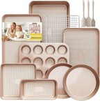 12-Piece Nonstick Bakeware Set with Baking Pan, Cake Pan, Muffin Pan, Loaf Pan, Square Pan, Roasting Pan, Cookie Pan, Cooling Rack & Utensils - Ceramic Coated Gold