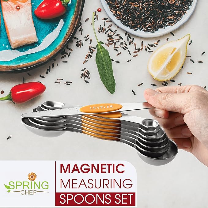 Spring Chef Stainless Steel Magnetic Measuring Spoons Set of 8 with Leveler, Dual Sided Metal Teaspoon & Tablespoon Measuring Spoons, Kitchen Gadgets for Baking & Cooking, Fits in Spice Jars - Mango