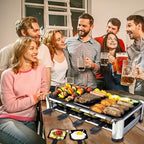 TAMARIT 8-Person Raclette Grill, Electric Party Griddle with Nonstick Grill and Crepe Plates, 8 Pans and Spatulas, 1500W (Indoor), Stainless Steel