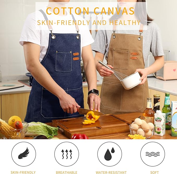 Tosewever Canvas Cross Back Chef Cotton Aprons for Men Women with Large Pockets