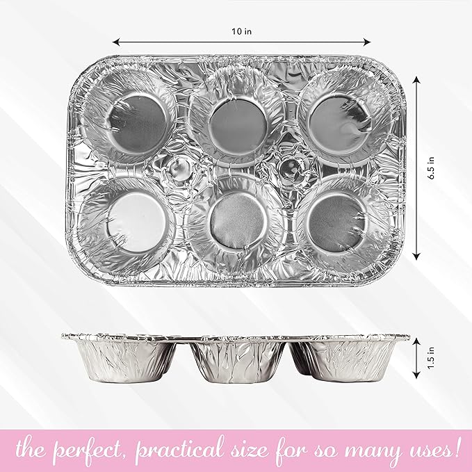 PLASTICPRO Aluminum Foil Muffin Pans Reusable and Disposable, Holds 6 Cupcakes/Muffin & Pie foil Pan Pack of 50