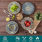 vancasso 18 Pieces Dinnerware Sets, Plates and Bowls Set, Porcelain Dishes Set for 6, Microwave and Dishwasher Safe, Scratch Resistant, Bohemian Style Dining Ware Service for 6, Series SIMI