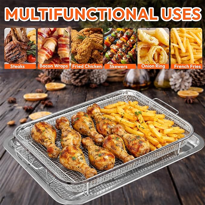 15.6" X 11.6" Large Air Fryer Basket for Oven, Oven Air Fryer Basket and Tray Set With 30PCS Parchment Papers, Stainless Steel Air Fryer Pan and Crisper Tray for Frying Baking