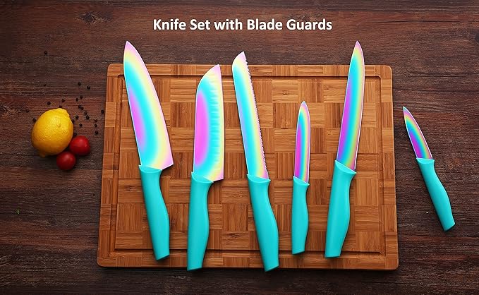 Knife Set with Spoons, KYA37B Knife Sets with Blade Guards and Measuring Spoons, Marco Almond® Rainbow Color 17-Piece Stainless Steel Kitchen Knives Set with Covers
