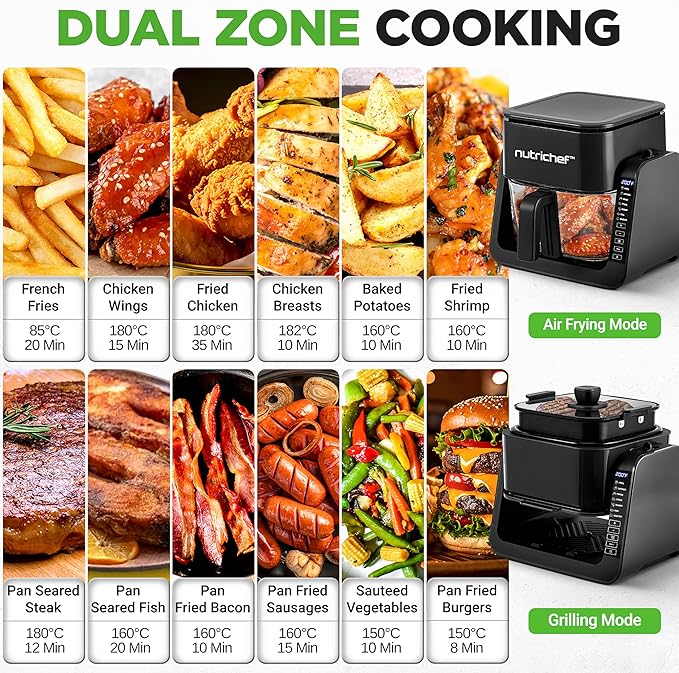 NutriChef 4 QT Air Fryer & Grill | 7-1 Preset Cook Modes | Transparent Fry Bowl for Best Cooking Results | Cook Shrimp, Steak, Fries, Wings & More | 4 QT Glass Air Fryer & 1.2 QT Grill | Black