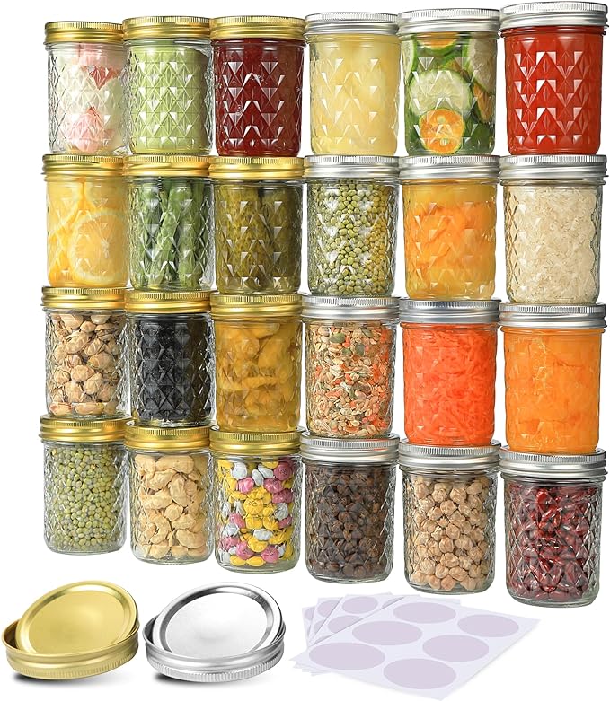 SPANLA Mason Jars 8 oz, 24 Pack Canning Jars 8 oz Half Pint Glass jars with Regular Lids and Bands, Small Mason Jars with Lids Ideal for Jelly Jam Honey Wedding Favors Shower Favors Food