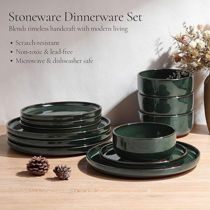 E-far Stoneware Dinnerware Sets for 4, 12 Pieces Reactive Glaze Plates and Bowls Sets, Elegant Dishes with Rustic Terracotta Base, Dishwasher & Microwave Safe, Scratch Resistant, Blackish Green