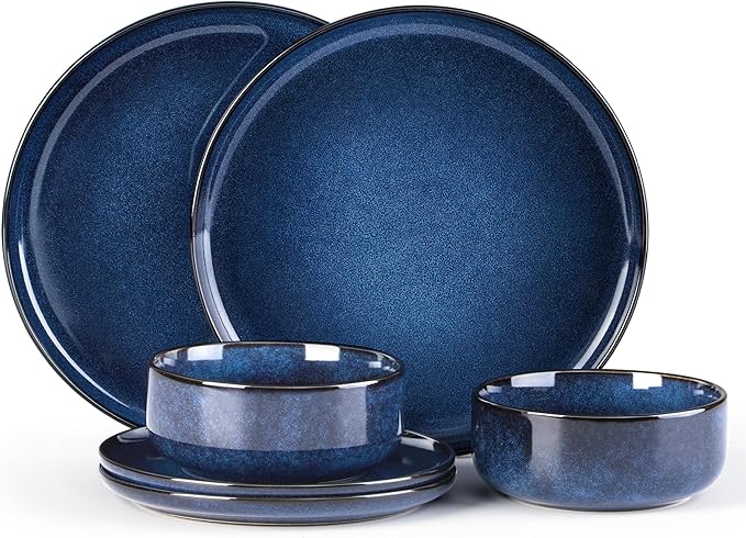 E-far Dinnerware Sets for 2, 6-Piece Stoneware Plates and Bowls Set, Ceramic Dishes Reactive Glaze Dinning Ware, Microwave & Dishwasher Safe - Deep Sea Blue