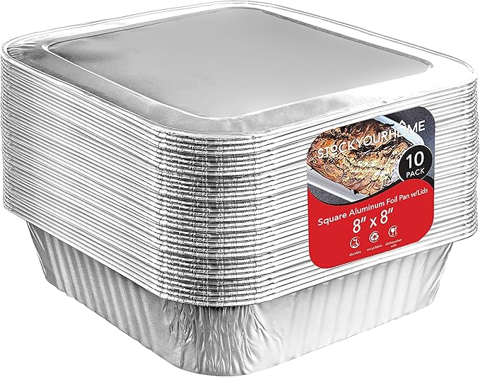 8x8 Foil Pans with Lids (10 Pack) 8 Inch Square Aluminum Pans with Covers - Foil Pans and Foil Lids - Disposable Food Containers Great for Baking Cake, Cooking, Heating, Storing, Prepping Food