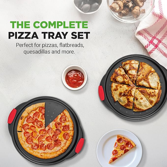NutriChef 2-Piece 13-Inch Nonstick Pizza Tray, Round Carbon Steel Non-Stick Pizza Pan with Perforated Holes, Premium Bakeware Pizza Screen with Silicone Grip Handles, Dishwasher Safe, NCBPIZX2
