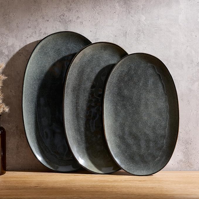 famiware Serving Platter, Oval 15.59/14.3/12.9 inch Serving Dishes for Entertaining, Serving Bowls, Dishwasher Safe, Fine Stonware Serving Trays for Party, Turkey, Cheese, Reactive Glaze, Deep Forest