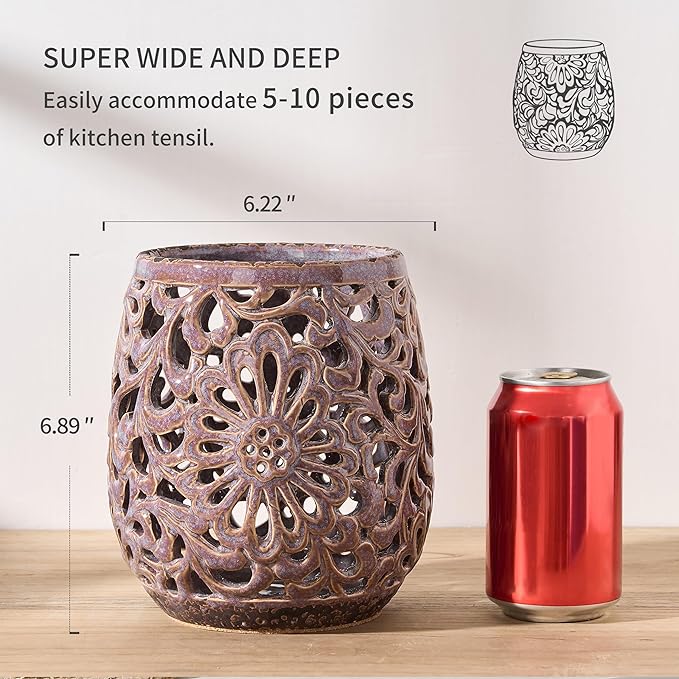 Farmhouse Kitchen Utensil Holder for Kitchen Counter, Ceramic Large Cooking Utensil Crock with Cork Mat, Countertop Cooking Tool Spatula Organizer, Purple Antique Design