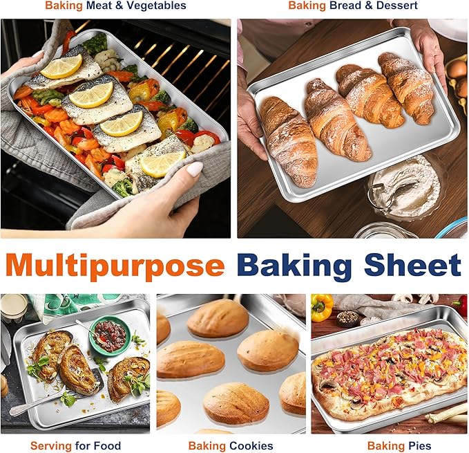 P&P CHEF 12.5 Inch Baking Cookie Sheet, Oven Pan Tray Stainless Steel Sheet Pan for Kitchen, Oven Bakeware for Multi Uses, Shiny Look & Dishwasher Safe, Healthy & Heavy Duty, 2Pcs