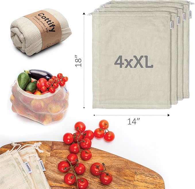 4-pack Reusable Produce Bags Grocery Washable XL, Organic Cotton Mesh Produce Bags Double-Stitched Vegetable Grocery Reusable, Tare Weight, Cotton Produce Bags Reusable Washable, Produce bgs XL