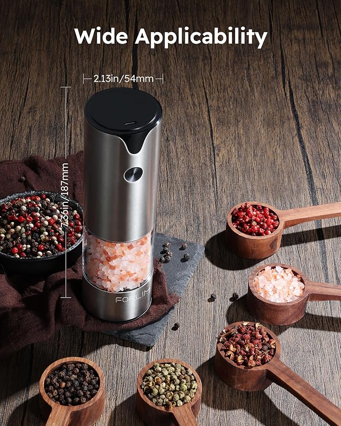FORLIM Electric Salt and Pepper Grinder Set, USB Rechargeable, Automatic Salt Pepper Mill Grinder with Dust Cover, One-Button Control, Adjustable Coarseness, Warm LED Light (2 Packs, Stainless Steel)