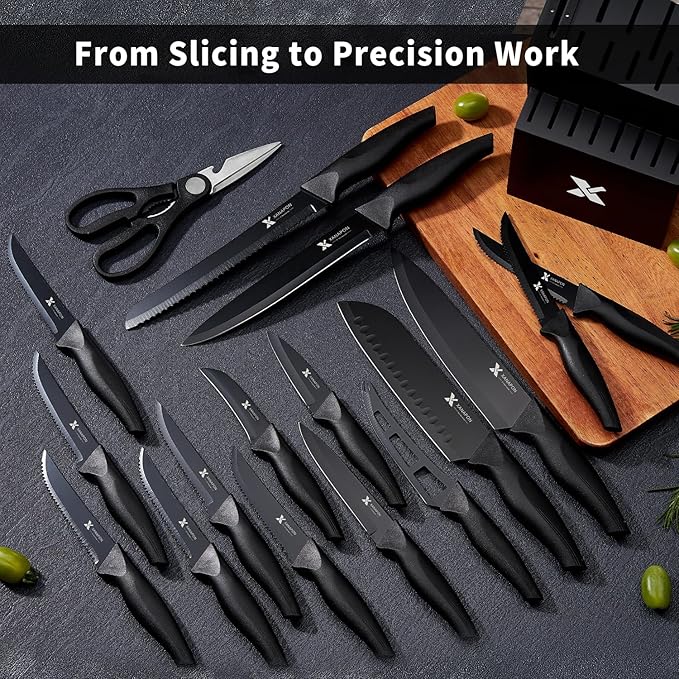 XANAPON 19-Piece Black Kitchen Knife Set with Block and Built-in Sharpener, High Carbon Stainless Steel Chef Knives Set for Kitchen with 8 Steak Knives, Ergonomic Handles, Perfect Housewarming Gift