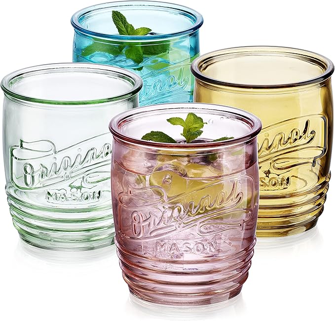 Glaver's Set Of 4 Original Mason Collins Glasses Assorted Colored Drinking Glasses For Juice Smoothies Cocktails Fine Beverage Glass Cups (Original Mason Whiskey Colored 13 OZ.)
