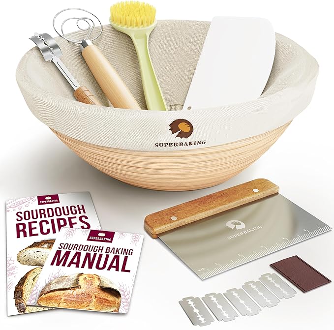 Superbaking Banneton Bread Proofing Basket, Sourdough Bread Baking Supplies, Round 9 Inch Sourdough Starter Kit, Proofing Basket for Baking, Bread Making Supplies Tools, Banneton Basket Gift Set