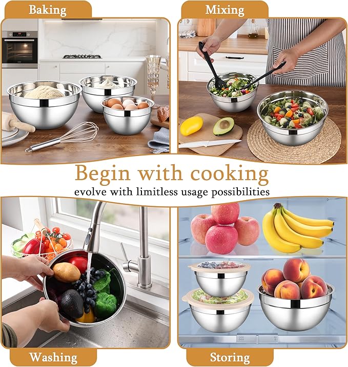 LIANYU Mixing Bowls with Visible Airtight Lids, 3Pcs Stainless Steel Large Metal Nesting Kitchen Bowls Set, 4.6 & 3 & 1.5QT Size Ideal for Mixing, Baking, Serving, Dishwasher & Freezer Safe, Khaki