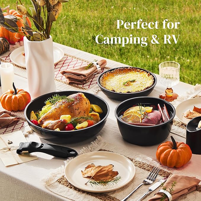 Redchef 16pcs Ceramic Pots and Pans Set Non Stick, Nonstick Kitchen Cookware Set with Detachable Handle, Non Toxic, PFAS PFOA & PTFE Free, RV Cookware Set for Camping, Dishwasher/Oven Safe (Black)