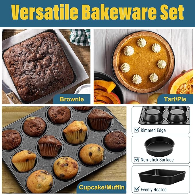 E-far 6-Piece Bakeware Sets, Nonstick Stainless Steel Baking Pans Set - 8x8 Square/Round Cake Pan/Muffin/Loaf Pan/Roasting Tray/Cookie Sheet - for Kitchen Oven Cooking Lasagna Brownie Casserole, Black