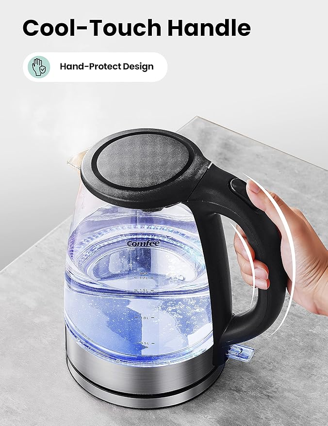 COMFEE' Glass Electric Tea Kettle & Hot Water Kettle Electric, 1.7L Electric Kettle with LED Indicator, 1500W Fast Boil, Auto Shut-Off and Boil-Dry Protection