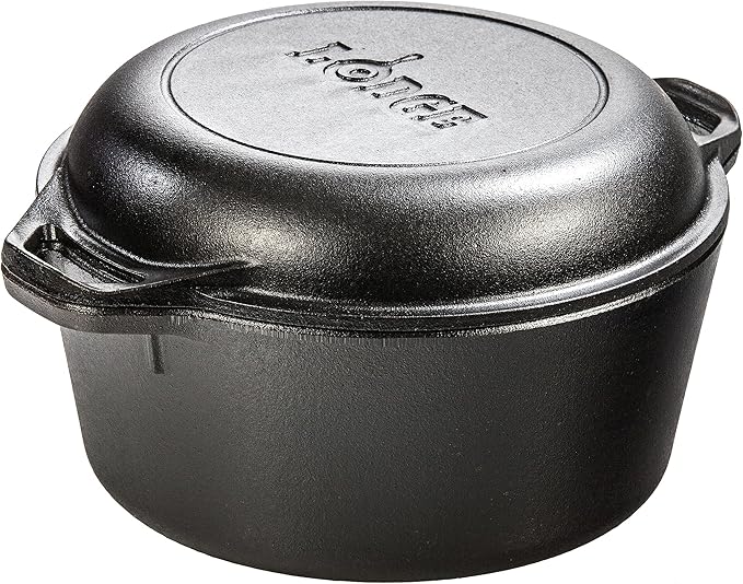 Lodge Cast Iron Double Dutch Oven - Pre-Seasoned 2-in-1 Cast Iron Cookware - Pot & Skillet Combo - Even Heat Retention - Oven-Safe, Versatile Pot - 5 Quart